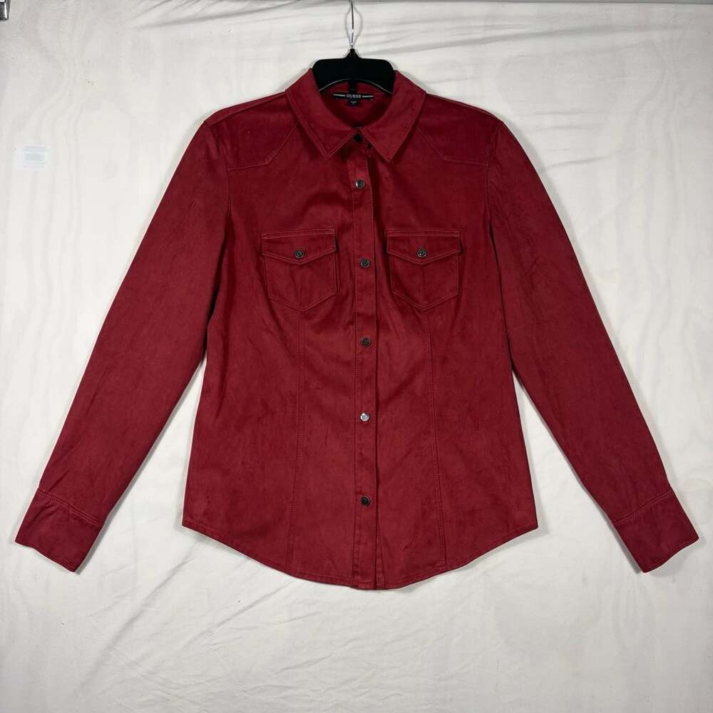 Guess Faux Suede Long Sleeve Button Down Shirt Size L Red